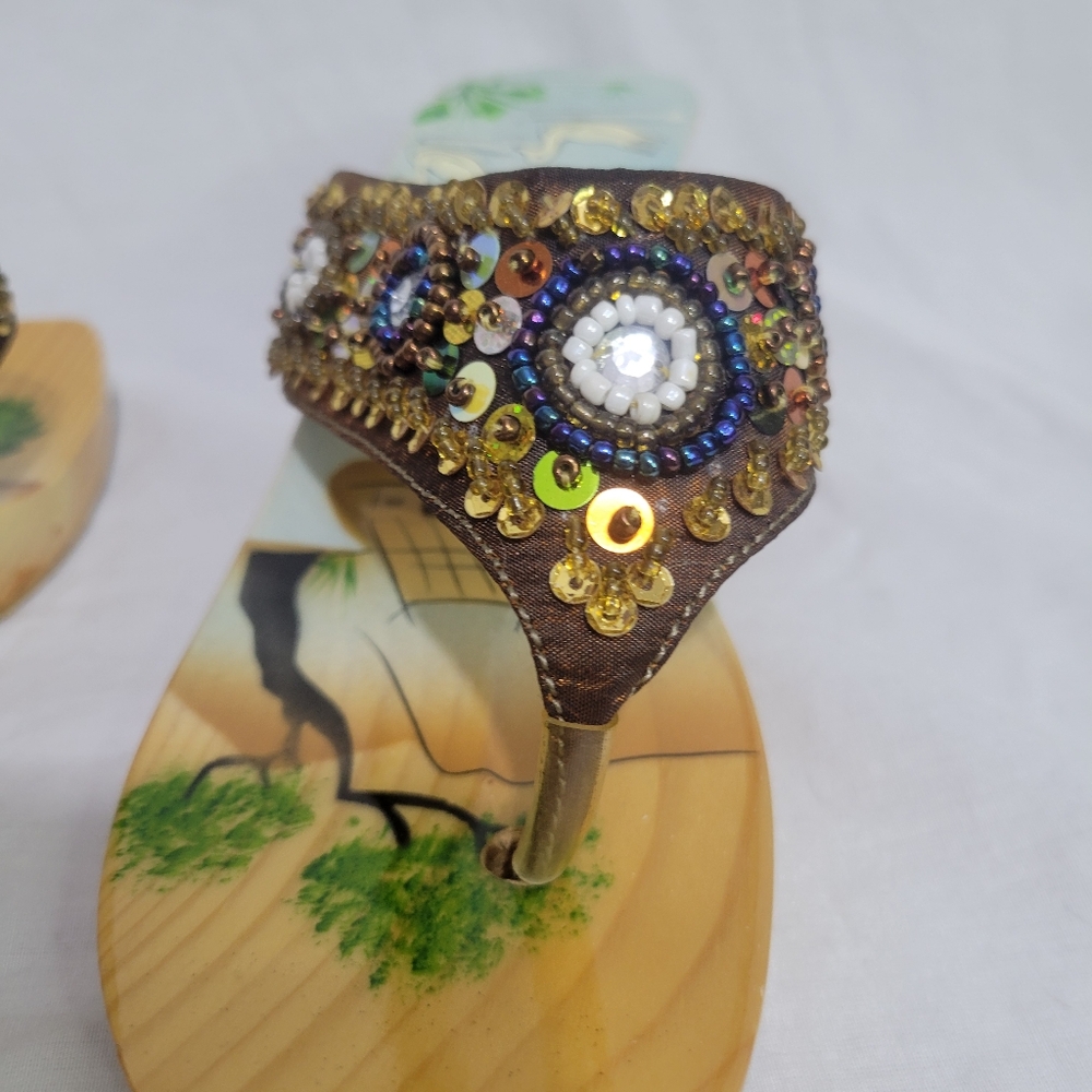 Vintage Y2K Bamboo Wooden Wedge Sandals Boho Sequin Painted Size 7 - Picture 12 of 13